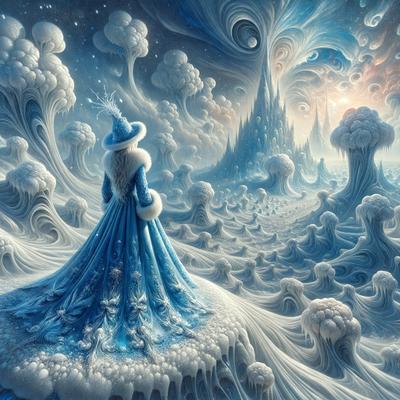 The primary subject of the image is a woman dressed in a blue gown, standing in a snowy landscape. The setting includes a castle in the background, and the visual style appears to be a digital art or illustration. The colors in the image are predominantly blue and white, creating a cold and serene atmosphere.